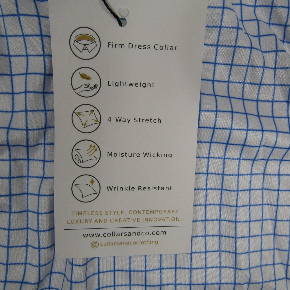 Collars & Co Polo Shirt Mens Medium White‎ Blue Check Dress Collar Golf Top